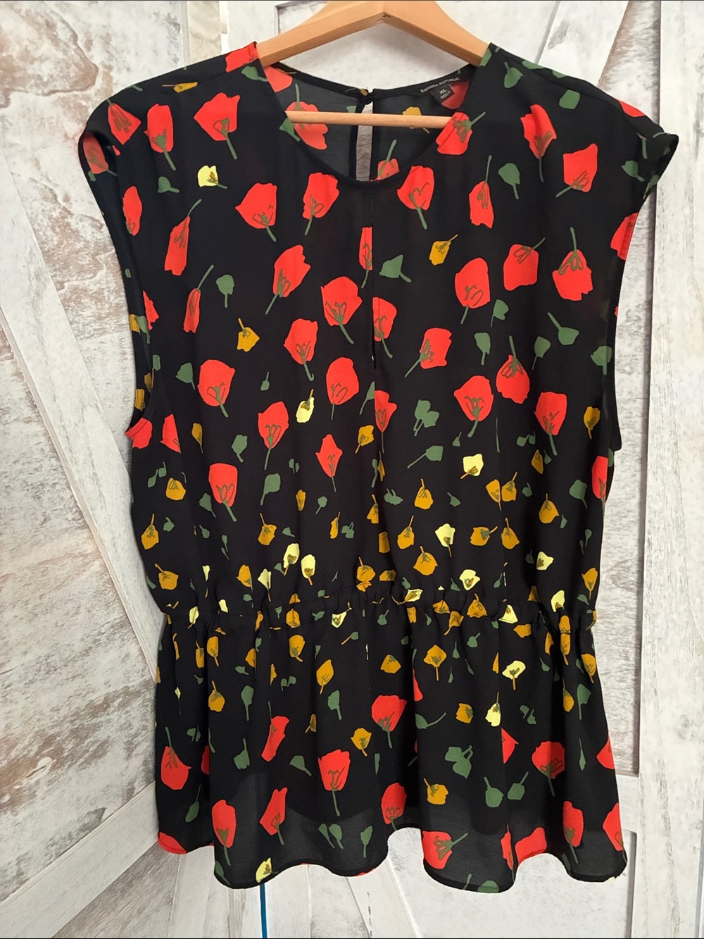 Banana Republic Black Floral Peplum Top with Red & Yellow Blooms